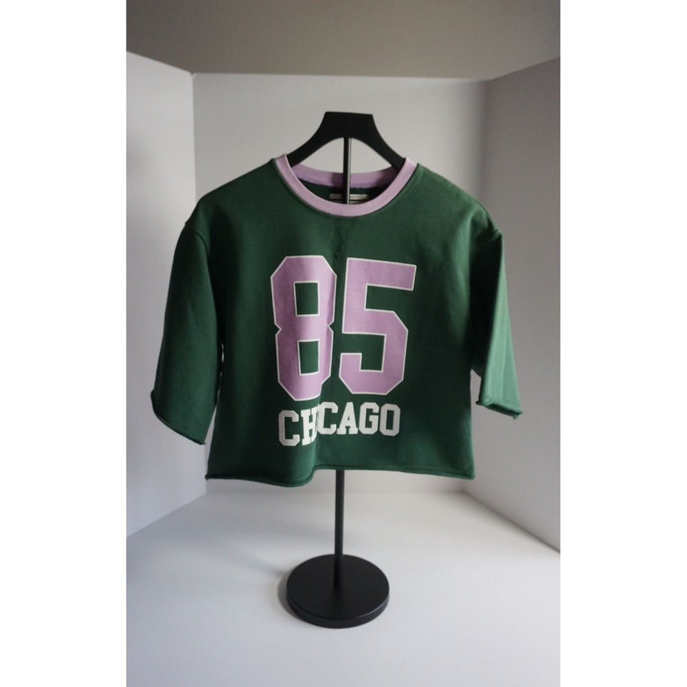 Anthropologie 85 Chicago Cropped Sweatshirt Green Lilac Graphic S - Picture 12 of 14